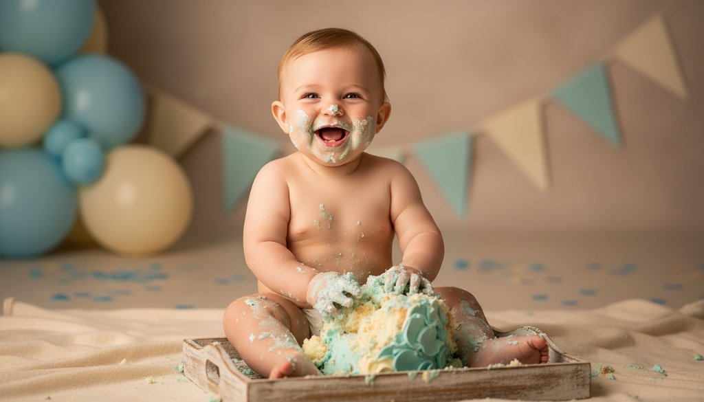 A wide-angle, dramatic shot of a baby mid-smash, covered in vibrant cake and laughing joyfully, surrounded by pastel balloons in a professional studio setting, capturing the essence of joyful first birthday cake smash Koo Wee Rup photography. Warm, cinematic lighting highlights their expression and the cake mess.
