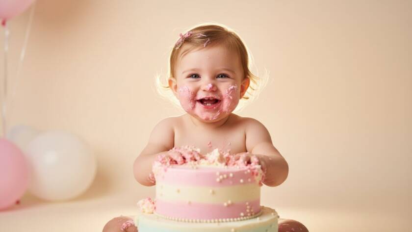 Joyful first birthday cake smash Melton South photography moment of a baby girl gleefully smashing a colourful cake, covered in frosting, with dramatic lighting capturing her pure delight.