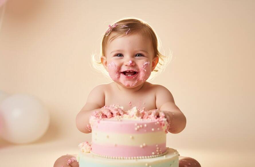 Joyful first birthday cake smash Melton South photography moment of a baby girl gleefully smashing a colourful cake, covered in frosting, with dramatic lighting capturing her pure delight.