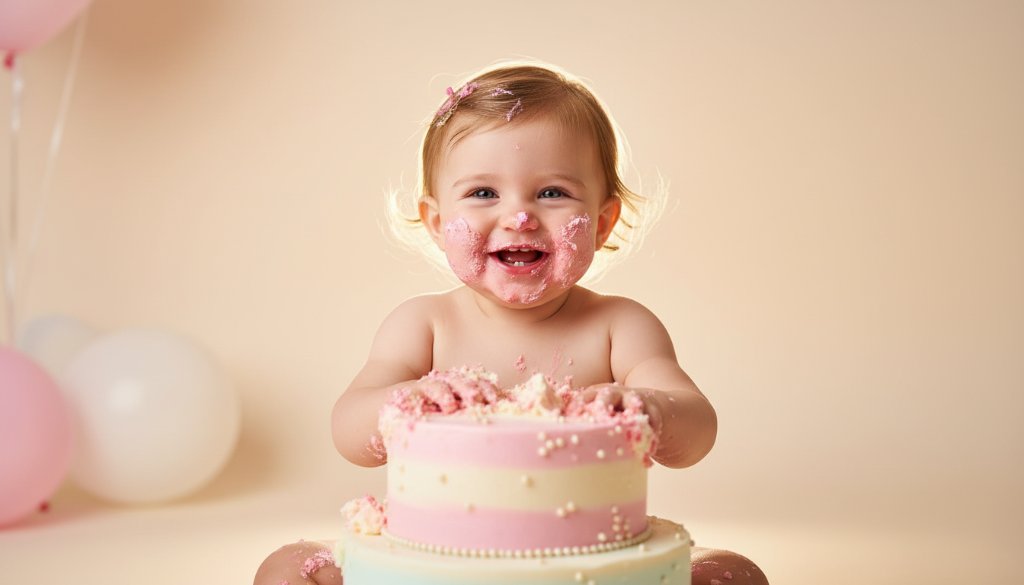 Joyful first birthday cake smash Melton South photography moment of a baby girl gleefully smashing a colourful cake, covered in frosting, with dramatic lighting capturing her pure delight.