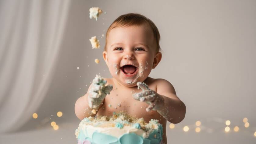 An adorable baby joyfully smashing a birthday cake in Newport, Victoria, captured in a dramatic, professionally colour-graded photograph, showcasing the pure chaos and happiness of a joyful first birthday cake smash Newport Victoria photoshoot.