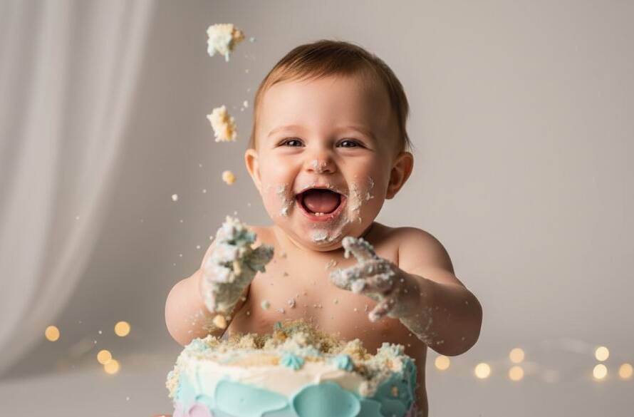 An adorable baby joyfully smashing a birthday cake in Newport, Victoria, captured in a dramatic, professionally colour-graded photograph, showcasing the pure chaos and happiness of a joyful first birthday cake smash Newport Victoria photoshoot.
