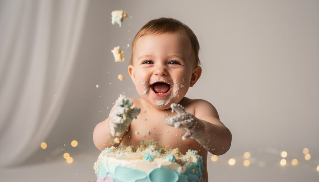 An adorable baby joyfully smashing a birthday cake in Newport, Victoria, captured in a dramatic, professionally colour-graded photograph, showcasing the pure chaos and happiness of a joyful first birthday cake smash Newport Victoria photoshoot.