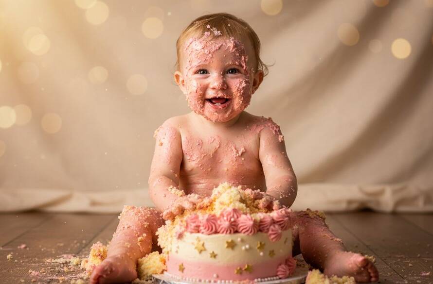 An epic moment captured during joyful first birthday cake smash photography Altona Meadows, featuring a delightful one-year-old child in a whimsical setting, covered in vibrant cake frosting, with dramatic backlighting and soft focus creating a magical, dreamlike atmosphere.