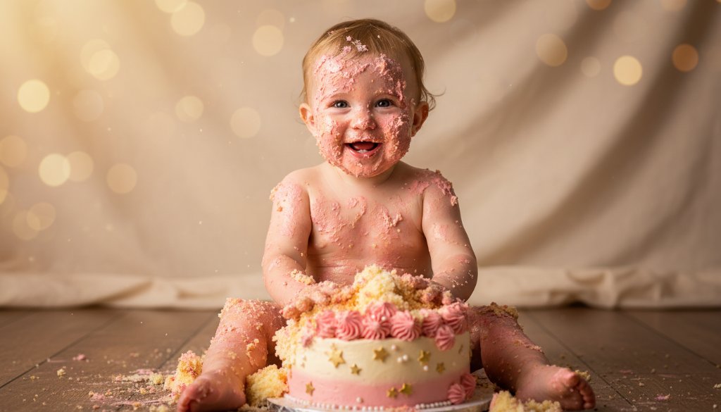 An epic moment captured during joyful first birthday cake smash photography Altona Meadows, featuring a delightful one-year-old child in a whimsical setting, covered in vibrant cake frosting, with dramatic backlighting and soft focus creating a magical, dreamlike atmosphere.