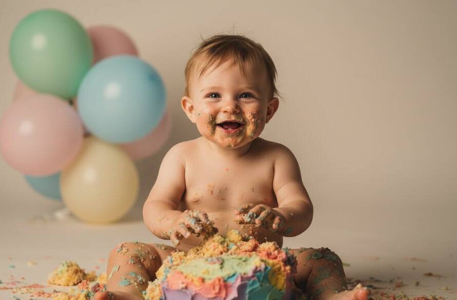 A heartwarming, professional photograph capturing a baby's joyful first birthday cake smash photography Ashwood, with hands covered in frosting and a wide, cheeky grin amidst scattered cake and colourful balloons, dramatically lit for an epic moment.