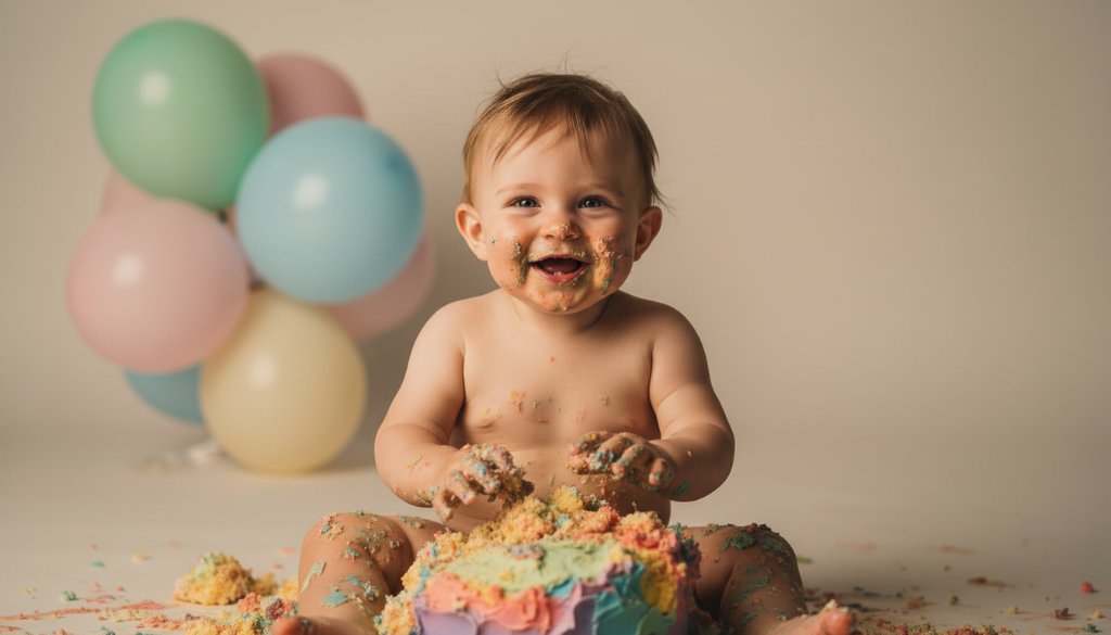 A heartwarming, professional photograph capturing a baby's joyful first birthday cake smash photography Ashwood, with hands covered in frosting and a wide, cheeky grin amidst scattered cake and colourful balloons, dramatically lit for an epic moment.