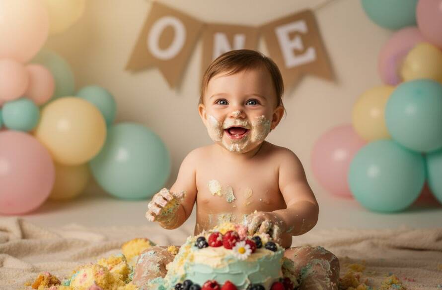 An adorable baby, covered in cake frosting, laughing joyfully amidst a beautifully decorated set for their first birthday cake smash photography Bayswater North, with dramatic soft lighting highlighting the messy fun.
