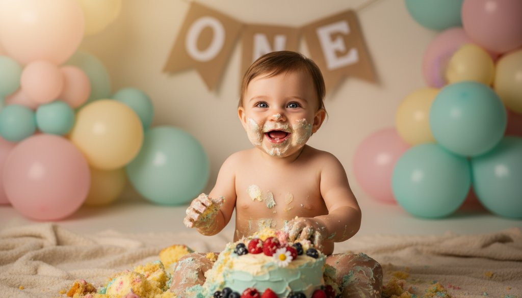 An adorable baby, covered in cake frosting, laughing joyfully amidst a beautifully decorated set for their first birthday cake smash photography Bayswater North, with dramatic soft lighting highlighting the messy fun.