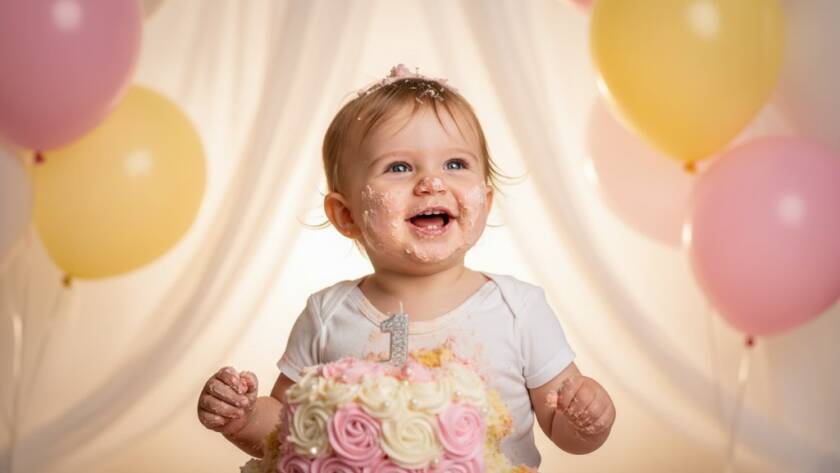 An epic, joy-filled moment during a first birthday cake smash photography session in Blackburn South, showing a baby delightfully covered in cake, laughing amidst colorful balloons, with soft, dramatic natural light highlighting their expression.