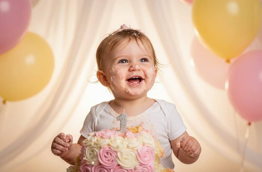 An epic, joy-filled moment during a first birthday cake smash photography session in Blackburn South, showing a baby delightfully covered in cake, laughing amidst colorful balloons, with soft, dramatic natural light highlighting their expression.