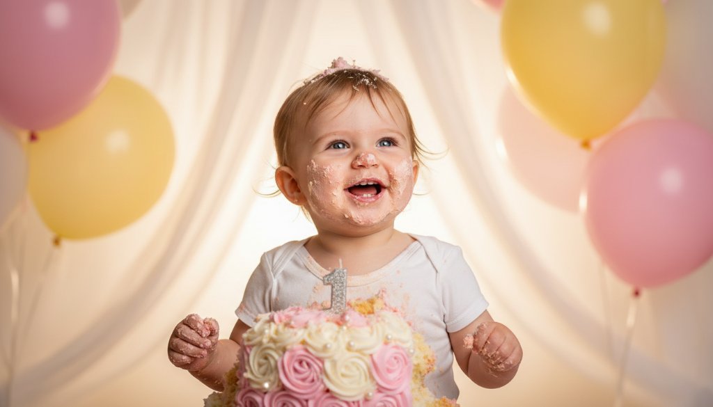 An epic, joy-filled moment during a first birthday cake smash photography session in Blackburn South, showing a baby delightfully covered in cake, laughing amidst colorful balloons, with soft, dramatic natural light highlighting their expression.