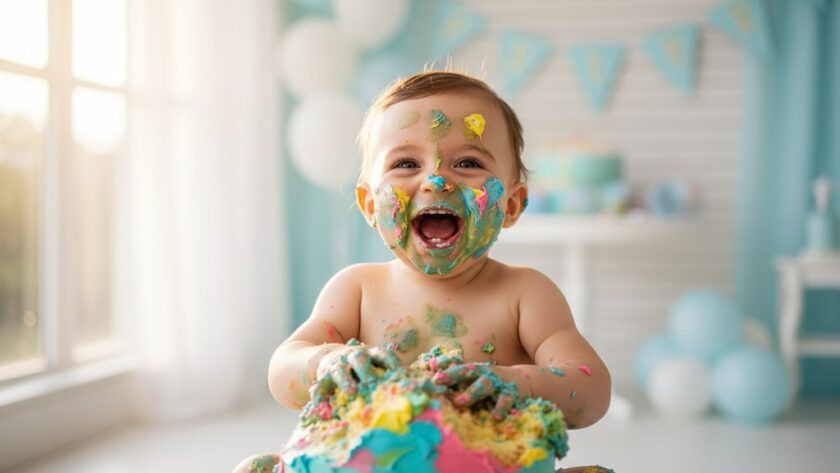 An adorable one-year-old child in a pure white romper, covered in pink and blue frosting, laughing joyfully amidst a pastel cake smash setup in a sun-drenched Brown Hill studio, showcasing joyful first birthday cake smash photography Brown Hill Victoria.