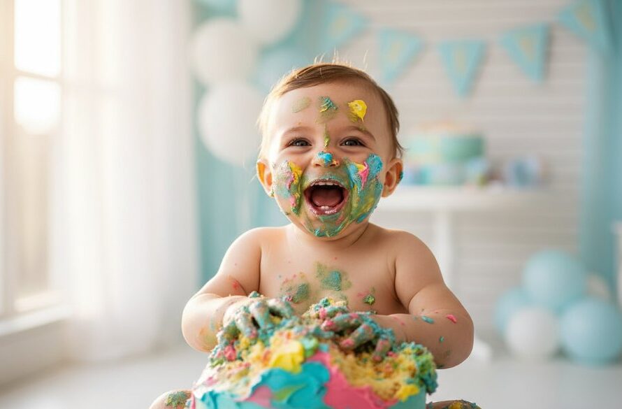 An adorable one-year-old child in a pure white romper, covered in pink and blue frosting, laughing joyfully amidst a pastel cake smash setup in a sun-drenched Brown Hill studio, showcasing joyful first birthday cake smash photography Brown Hill Victoria.