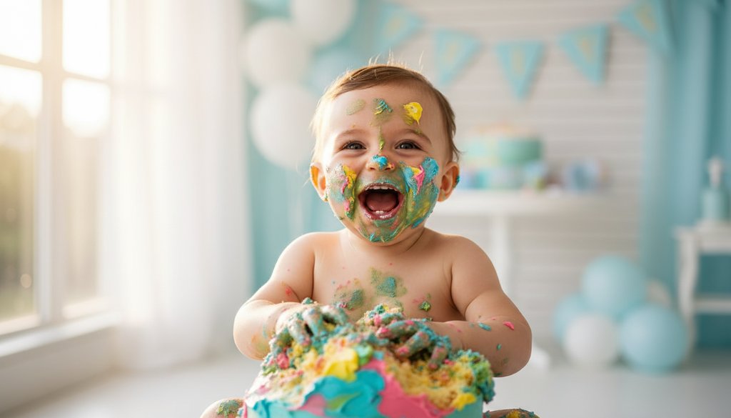 An adorable one-year-old child in a pure white romper, covered in pink and blue frosting, laughing joyfully amidst a pastel cake smash setup in a sun-drenched Brown Hill studio, showcasing joyful first birthday cake smash photography Brown Hill Victoria.