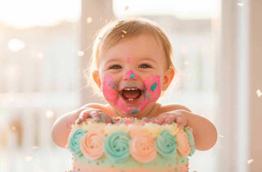 An adorable toddler in a highchair, covered in colourful frosting, laughing joyfully during their first birthday cake smash photography Bulleen session, captured with dramatic, warm backlighting against a blurred, celebratory backdrop.
