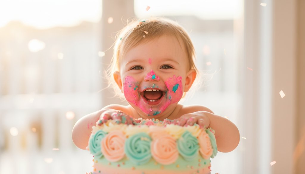 An adorable toddler in a highchair, covered in colourful frosting, laughing joyfully during their first birthday cake smash photography Bulleen session, captured with dramatic, warm backlighting against a blurred, celebratory backdrop.