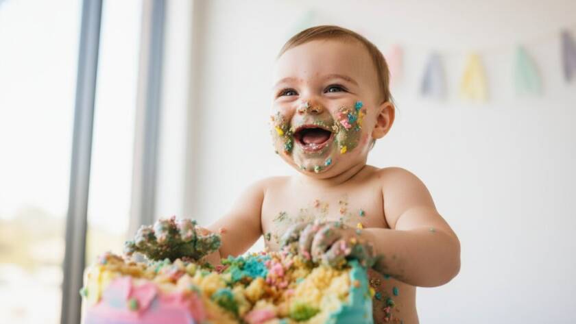 An adorable baby covered in cake, laughing joyfully amidst a colourful, messy cake smash setup in a sunlit Caulfield South studio, capturing the pure, uninhibited delight of a joyful first birthday cake smash photography Caulfield South session.