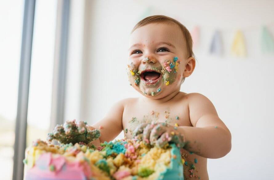 An adorable baby covered in cake, laughing joyfully amidst a colourful, messy cake smash setup in a sunlit Caulfield South studio, capturing the pure, uninhibited delight of a joyful first birthday cake smash photography Caulfield South session.