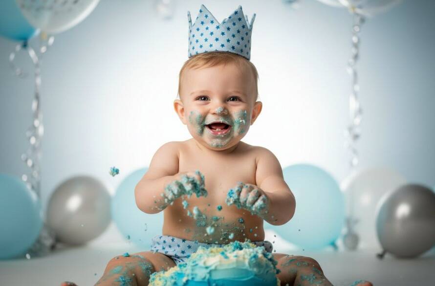 An adorable one-year-old child covered in cake, joyfully smashing a colourful birthday cake, capturing the epic moment of joyful first birthday cake smash photography Clyde North, with soft natural light highlighting their happy face.
