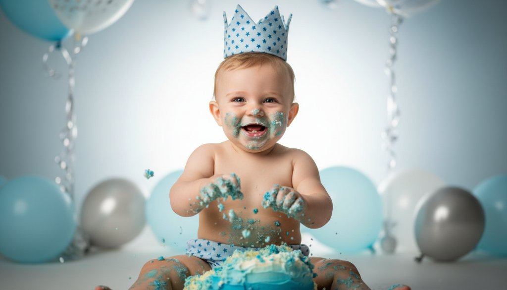An adorable one-year-old child covered in cake, joyfully smashing a colourful birthday cake, capturing the epic moment of joyful first birthday cake smash photography Clyde North, with soft natural light highlighting their happy face.