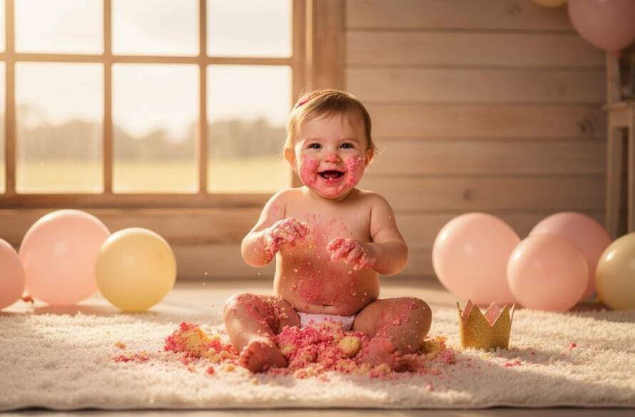 A jubilant baby, covered in frosting and beaming with delight, mid-smash at their joyful first birthday cake smash photography Cranbourne East session, with golden hour light streaming in from a rustic Cranbourne East barn window, capturing an epic moment of pure childhood joy and mess.