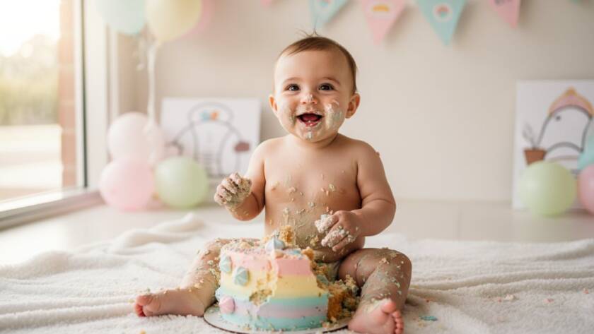 An epic moment of pure joy during a joyful first birthday cake smash photography Cranbourne West session, featuring a baby gleefully covered in frosting, captured with dramatic lighting and vibrant colours against a whimsical backdrop.