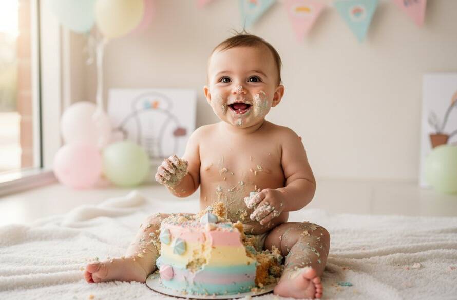 An epic moment of pure joy during a joyful first birthday cake smash photography Cranbourne West session, featuring a baby gleefully covered in frosting, captured with dramatic lighting and vibrant colours against a whimsical backdrop.