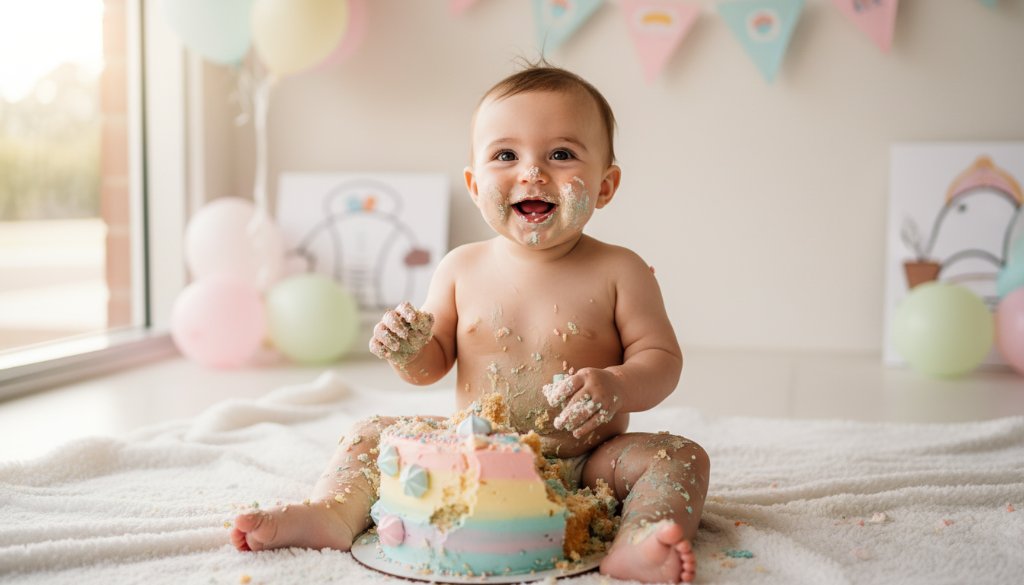 An epic moment of pure joy during a joyful first birthday cake smash photography Cranbourne West session, featuring a baby gleefully covered in frosting, captured with dramatic lighting and vibrant colours against a whimsical backdrop.