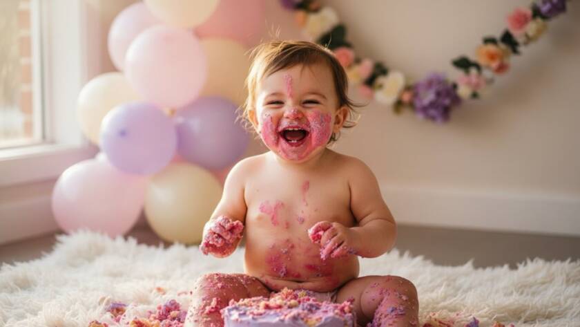 An adorable one-year-old child covered in cake, laughing joyfully amidst a colourful, messy set-up during a joyful first birthday cake smash photography Croydon North session, captured with dramatic lighting and professional colour grading.