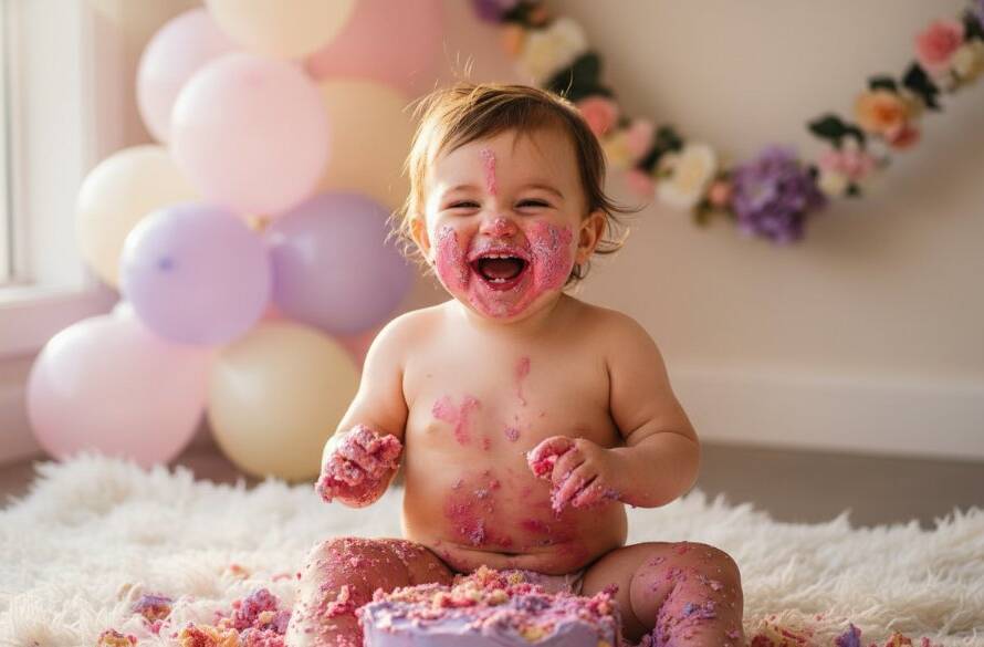 An adorable one-year-old child covered in cake, laughing joyfully amidst a colourful, messy set-up during a joyful first birthday cake smash photography Croydon North session, captured with dramatic lighting and professional colour grading.