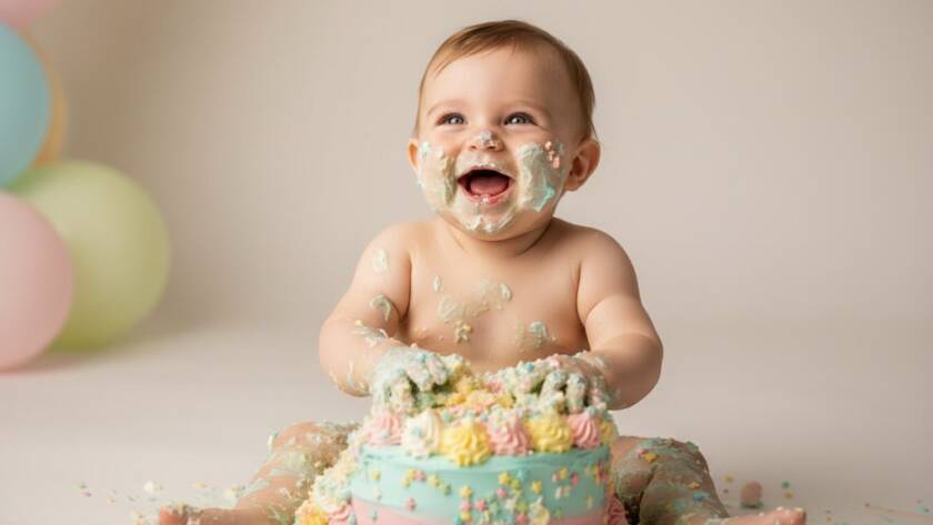 A close-up, joyful first birthday cake smash photography Doncaster East moment, featuring a baby covered in frosting, laughing heartily amidst a colourful pastel backdrop with dramatic soft studio lighting, showcasing pure, unadulterated happiness.