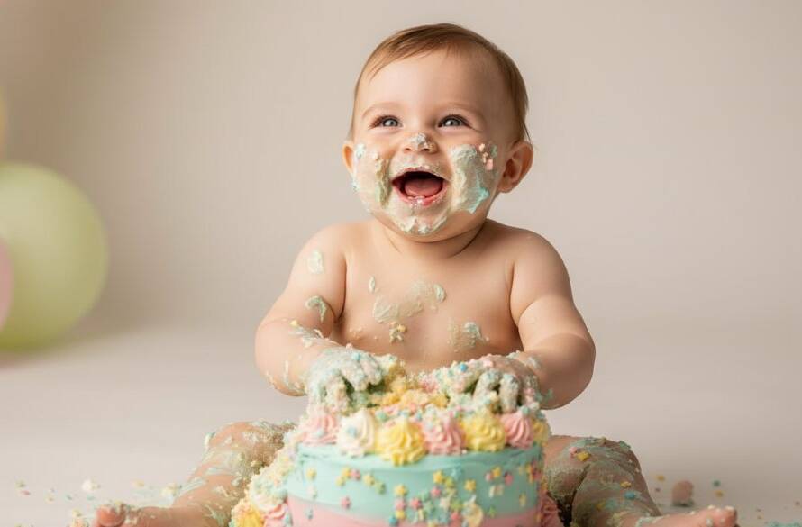 A close-up, joyful first birthday cake smash photography Doncaster East moment, featuring a baby covered in frosting, laughing heartily amidst a colourful pastel backdrop with dramatic soft studio lighting, showcasing pure, unadulterated happiness.