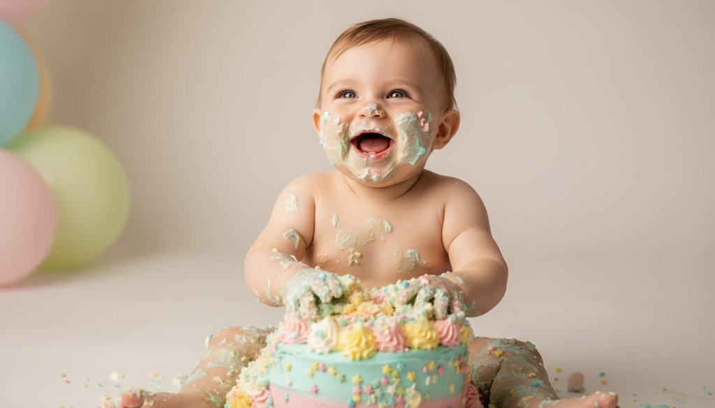 A close-up, joyful first birthday cake smash photography Doncaster East moment, featuring a baby covered in frosting, laughing heartily amidst a colourful pastel backdrop with dramatic soft studio lighting, showcasing pure, unadulterated happiness.