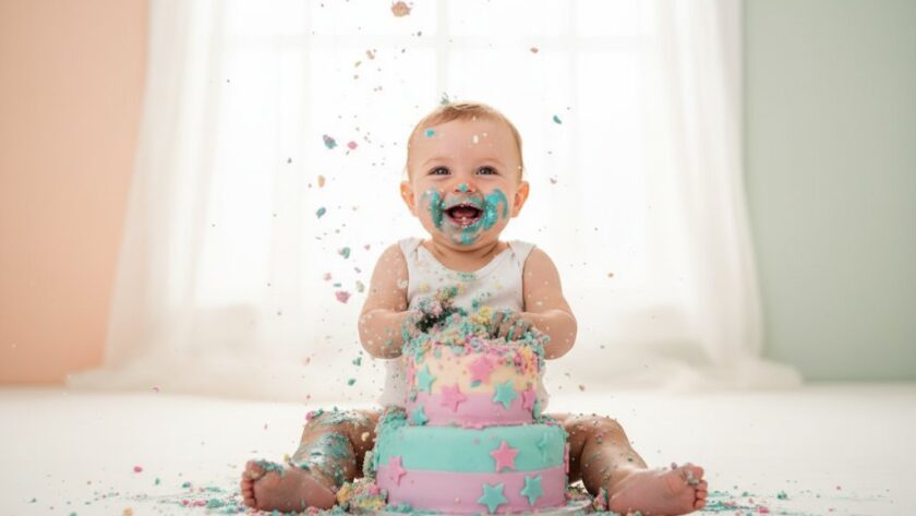 A joyous close-up of a baby enthusiastically smashing a birthday cake during a joyful first birthday cake smash photography Drumcondra session, flour and frosting flying, captured with dramatic studio lighting and professional colour grading.