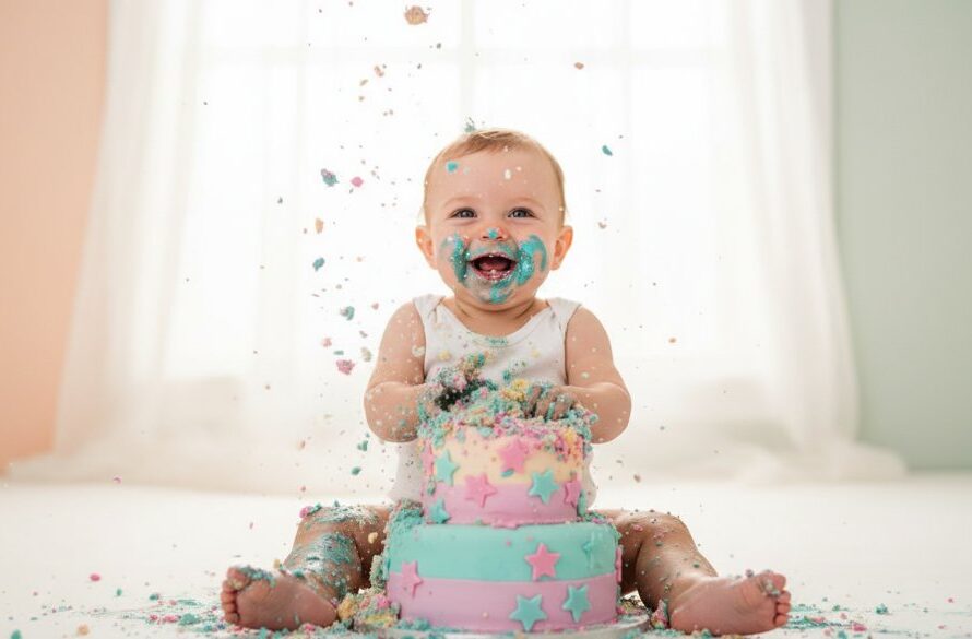 A joyous close-up of a baby enthusiastically smashing a birthday cake during a joyful first birthday cake smash photography Drumcondra session, flour and frosting flying, captured with dramatic studio lighting and professional colour grading.