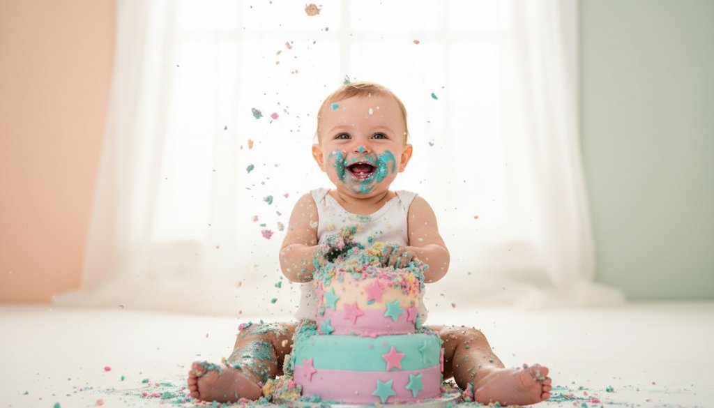 A joyous close-up of a baby enthusiastically smashing a birthday cake during a joyful first birthday cake smash photography Drumcondra session, flour and frosting flying, captured with dramatic studio lighting and professional colour grading.