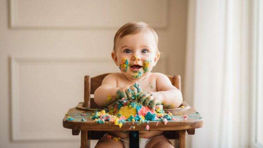 Epic moment photograph of a baby joyfully smashing a birthday cake in a bright East Geelong studio, covered in colourful icing with an expression of pure delight, expertly lit and colour graded.