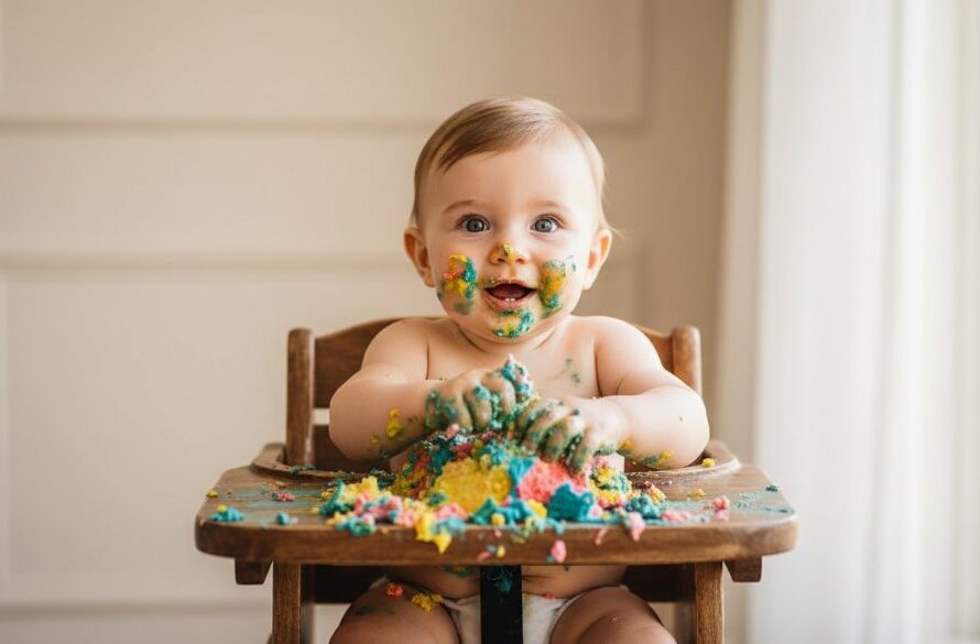 Epic moment photograph of a baby joyfully smashing a birthday cake in a bright East Geelong studio, covered in colourful icing with an expression of pure delight, expertly lit and colour graded.