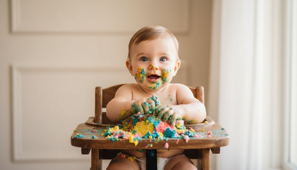Epic moment photograph of a baby joyfully smashing a birthday cake in a bright East Geelong studio, covered in colourful icing with an expression of pure delight, expertly lit and colour graded.