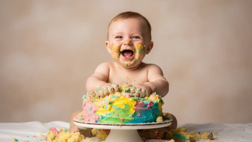 An epic moment captured during joyful first birthday cake smash photography in Knoxfield, Victoria, showing a baby with a triumphant, messy smile amidst a colourful, destroyed cake, with dramatic studio lighting illuminating the joy.