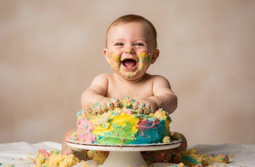 An epic moment captured during joyful first birthday cake smash photography in Knoxfield, Victoria, showing a baby with a triumphant, messy smile amidst a colourful, destroyed cake, with dramatic studio lighting illuminating the joy.