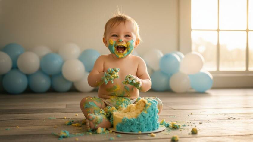 An adorable one-year-old child covered in vibrant cake, laughing joyfully amidst balloons and soft sunlight in Langwarrin, capturing the essence of joyful first birthday cake smash photography Langwarrin with an epic, professional wide-angle shot.