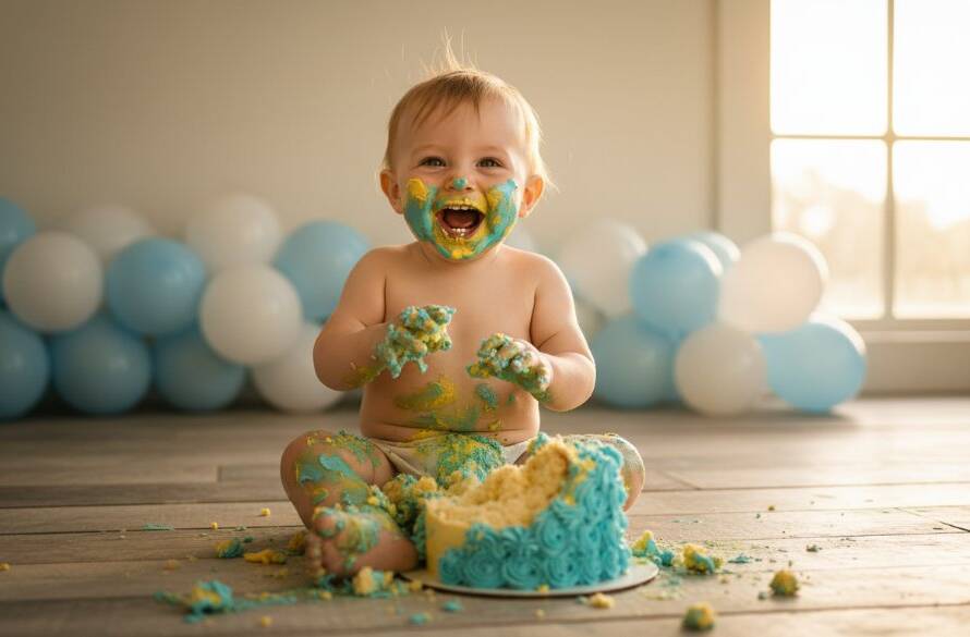 An adorable one-year-old child covered in vibrant cake, laughing joyfully amidst balloons and soft sunlight in Langwarrin, capturing the essence of joyful first birthday cake smash photography Langwarrin with an epic, professional wide-angle shot.