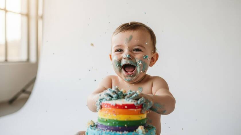 An epic, joyful first birthday cake smash photography McKinnon moment featuring a baby laughing amidst colourful cake frosting, captured with dramatic lighting in a professional studio setting.