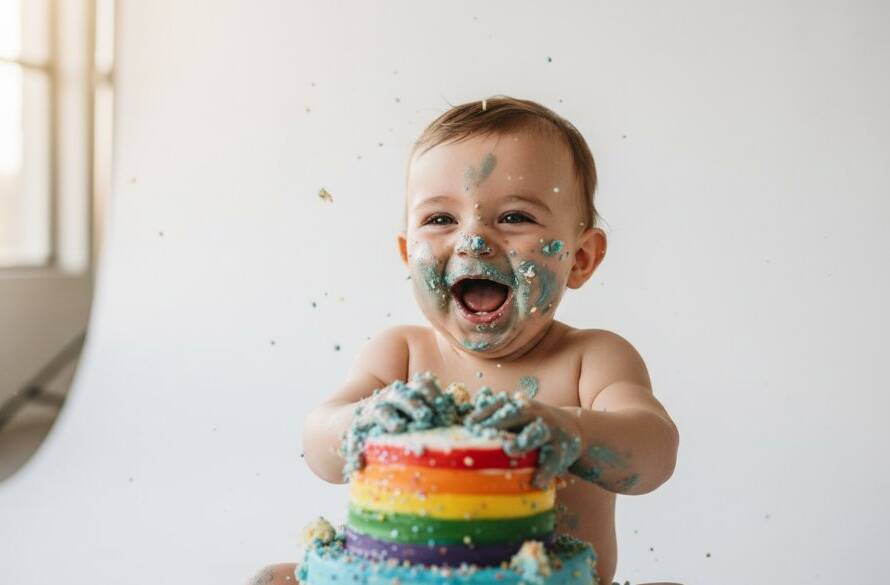 An epic, joyful first birthday cake smash photography McKinnon moment featuring a baby laughing amidst colourful cake frosting, captured with dramatic lighting in a professional studio setting.
