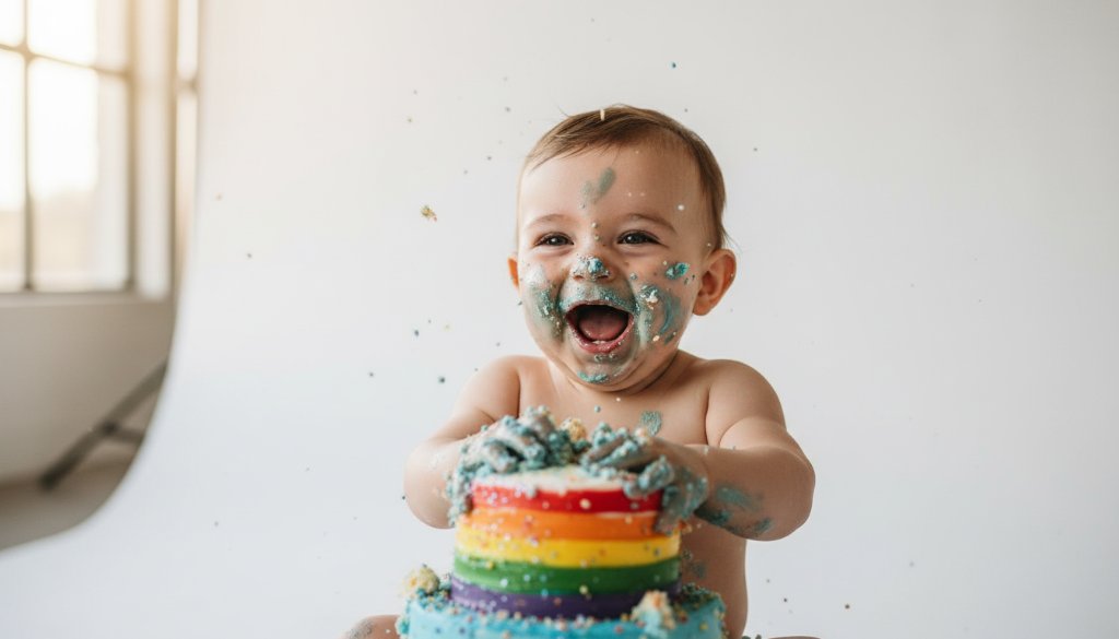 An epic, joyful first birthday cake smash photography McKinnon moment featuring a baby laughing amidst colourful cake frosting, captured with dramatic lighting in a professional studio setting.