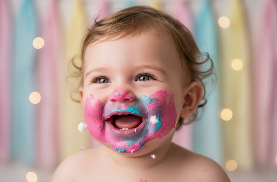 An adorable baby, covered in frosting from joyful first birthday cake smash photography Mont Albert Victoria, laughing heartily amidst a vibrant, soft pastel setting, captured with dramatic studio lighting and professional colour grading, showcasing pure delight.
