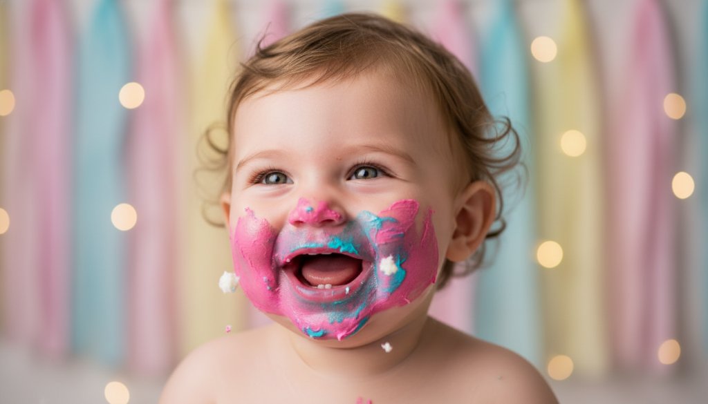 An adorable baby, covered in frosting from joyful first birthday cake smash photography Mont Albert Victoria, laughing heartily amidst a vibrant, soft pastel setting, captured with dramatic studio lighting and professional colour grading, showcasing pure delight.