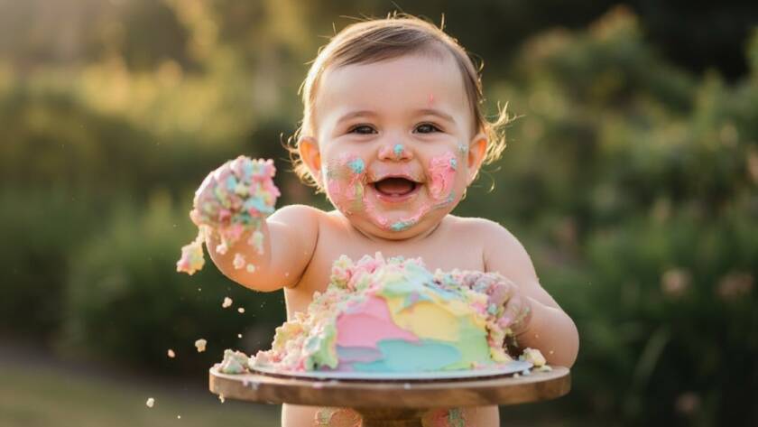 A joyous close-up of a baby mid-smash, covered in vibrant cake icing, with a sparkling background, captured during a joyful first birthday cake smash photography Murrumbeena session.